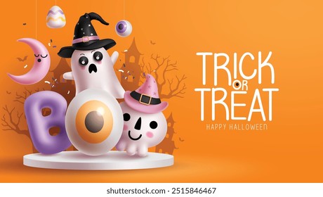 Truco o trato de diseño de Vector de halloween. Texto feliz del saludo de Halloween con el escenario del podio y los caracteres lindos del fantasma en el fondo amarillo de la silueta del castillo. Plantilla de promoción del horror de la Ilustración vectorial.