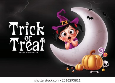 Truco o trato de diseño de Vector de halloween. Texto feliz del saludo de Halloween con la muchacha linda en el traje de la bruja y los Elementos de la luna creciente en fondo de miedo de la noche. Diseño de tarjeta de fiesta de Ilustración vectorial. 
