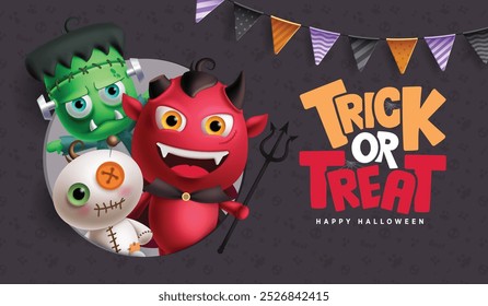 Truco o trato de diseño de Vector de halloween. Texto feliz del saludo de Halloween con los personajes del demonio, del zombi y de la momia con el modelo y el fondo de la impresión. Diseño de fiesta de horror de Ilustración vectorial. 
