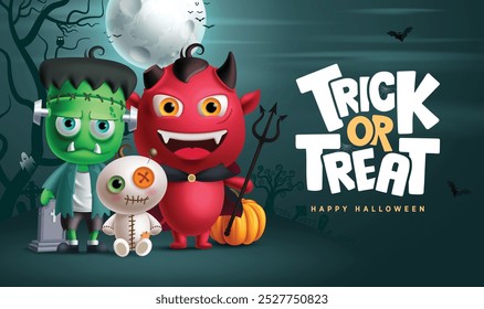 Truco o trato de diseño de Vector de halloween. Feliz halloween y texto de saludo de truco o trato con personajes de zombis, demonios y muñecas de momia en el fondo de patio de tumbas de miedo nocturno. Ilustración vectorial