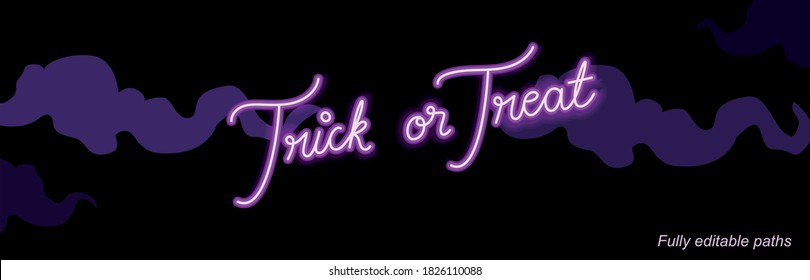 Trick or Treat halloween vector, editable path for neon handwritten sign for the text pink and purple glow light with stylized japanese style clouds