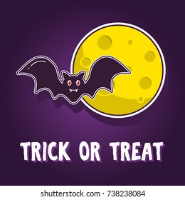 Trick or treat Halloween vector illustration with comic bat and moon. Cartoon sticker. 