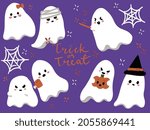 Trick or Treat Halloween Vector Illustration,Cute Ghosts,Spider Webs