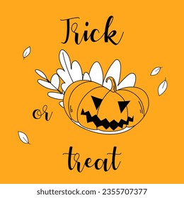 Trick or treat Halloween vector poster. Halloween black and orange poster with a pumpkin and Trick or treat inscription.