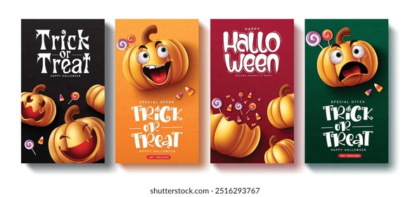 Truco o trato de diseño de conjunto de póster de Vector de halloween. Texto de felicitación de Halloween y colección de tarjeta de descuento de venta con personajes de calabazas para la Plantilla de volantes de vacaciones. Invitación de terror de Ilustración vectorial