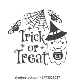 Trick or Treat Halloween vector quote. Cute ghost vector illustration.  Halloween haunted, boo spooky. Happy Holiday quote funny design isolated on white background.