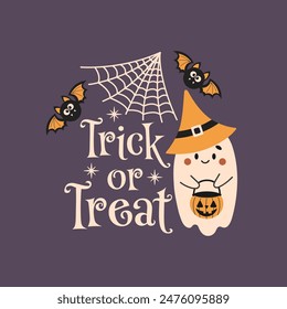 Trick or Treat Halloween vector quote. Cute ghost vector illustration. Halloween haunted, boo spooky. Happy Holiday quote, funny design.