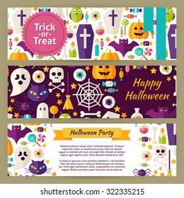 Trick or Treat Halloween Vector Template Banners Set. Flat Design Vector Illustration of Brand Identity for Halloween Party Promotion. Colorful Pattern for Advertising