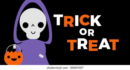 Trick or Treat Halloween Web Slider, Poster, Invite, Vector Illustration featuring cute trick or treating Grim Reaper