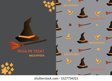 trick or treat halloween with witch's hat and broom card and seamless pattern