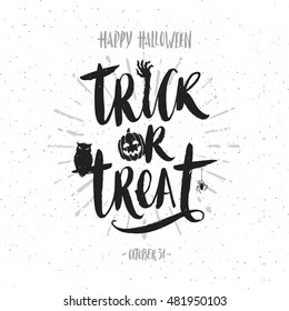 Trick or treat - hand drawn calligraphy. Halloween vector illustration. Holiday poster or greeting card.