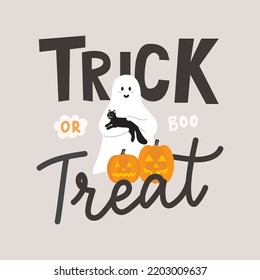 Truco o trata la carta dibujada a mano con un fantasma adorable sosteniendo un gato negro, calabazas y letras. Dibujo manual de la ilustración vectorial de personajes de Halloween. Feliz saludo de Halloween al estilo plano.