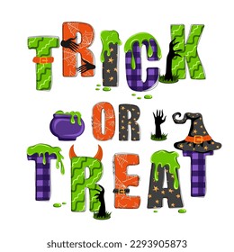 Trick or treat. Hand drawn doodle text with witch hat, green slime and zombie hands. Happy halloween. Holiday design for poster, banner, t shirt, card, flyer, invitation. Vector illustration