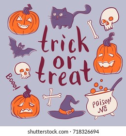 Trick or treat hand drawn elements set. Vector illustration. Holiday poster or greeting card.
