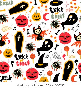 Trick or treat. Hand drawn Halloween symbols. Colored vector seamless pattern