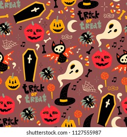 Trick or treat. Hand drawn Halloween symbols. Colored vector seamless pattern. Dark background