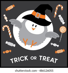 TRICK or TREAT - HAND DRAWN HALLOWEEN GREETING - INVITATION CARD WITH CUTE OWL WEARING WITCH HAT - VECTOR ILLUSTRATION