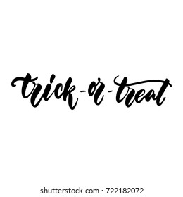 Trick or treat - hand drawn halloween lettering quote isolated on the white background. Fun brush ink inscription for photo overlays, greeting card or t-shirt print, poster design