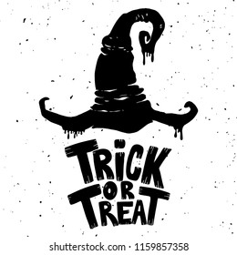 Trick or Treat. Hand drawn lettering phrase with witch hat on white background. Halloween theme. Vector illustration