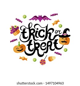 Trick or treat hand drawn lettering. Halloween card with celebratory subjects. Flat style vector illustration. Great for poster, greeting card, web, postcard.