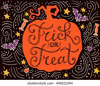 Trick or treat, hand drawn lettering and decorative background, halloween poster, greeting card, invitation, banner, element for design.