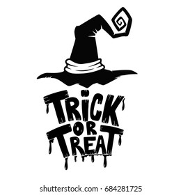 Trick or Treat. Hand drawn lettering phrase with witch hat on white background. Halloween theme. Vector illustration