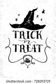 Trick or treat hand drawn lettering. Halloween greeting card. Illustration with witch hat, stars and pumpkin.