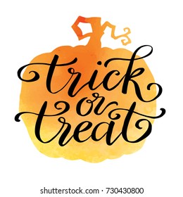 Trick or Treat, hand drawn lettering on the pumpkin. Background for Halloween, hand drawn vector illustration.