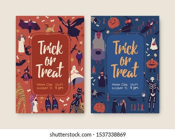Trick or treat hand drawn posters template. Halloween party invitation with spooky flat illustrations. Autumn holiday leaflet. Horror Helloween red and blue placards design layout with lettering.