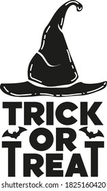 Trick or treat hand drawn vector lettering and witch hat. Unique design element for halloween for social media, cover, t-shirt, textile, bag, print, flyer, party invitation, sticker, poster. Isolated.