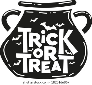 Trick or treat hand drawn vector lettering in the silhouette of a pot. Unique design element for halloween for social media, t-shirt, textile, bag, print, flyer, party invitation, sticker, poster.