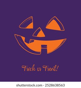 Trick or treat hand drawn vector evil carved laugh on purple background with playful font for Happy Halloween. Awesome design for print and online projects. Easy to edit, ready to use. 