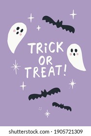 Trick Or Treat Hand Lettering Design. Vector Illustration with Cute Ghosts, Bats and Stars on a Violet Background. Black and White Colors. Perfect as Poster or Card. Scandi Style.