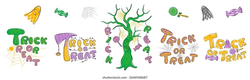 Truque ou Treat mão lettering design vetor, pode ser usado de muitas maneiras, tais como design de cartão, cartão de saudação, decoração tema Halloween, scrapbook, adesivo, padrão de papel, padrão de tecido e muito mais.