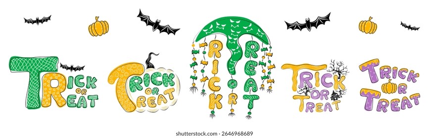 Truque ou Treat mão lettering design vetor, pode ser usado de muitas maneiras, tais como design de cartão, cartão de saudação, decoração tema Halloween, scrapbook, adesivo, padrão de papel, padrão de tecido e muito mais.