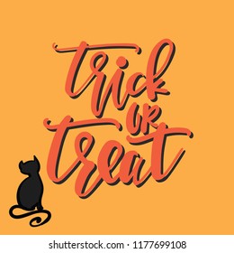 Trick or treat - Hand written Halloween card with cat illustration - vector