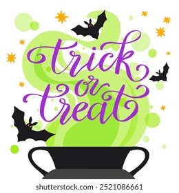 Trick or treat, hand written  lettering, witches pot and  flying  bats Halloween vector illustration, card, poster.