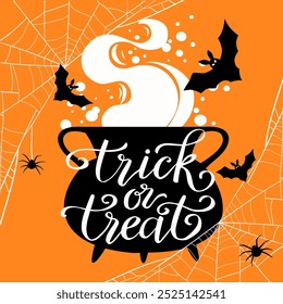 Trick or treat, hand written  lettering, witches pot, spiders and  flying  bats Halloween vector illustration, card, poster.