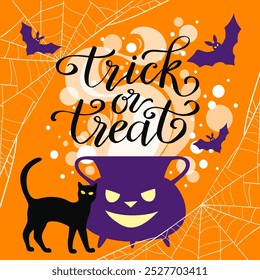 Truco o trato, letras escritas a mano, olla de brujas, gato negro, murciélagos voladores y telaraña Ilustración vectorial de Halloween, tarjeta, cartel.