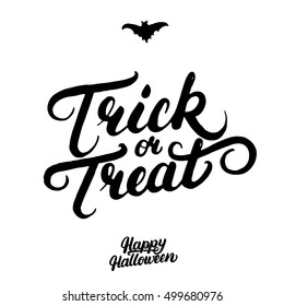 Trick or treat hand written lettering and hand drawn bat. Modern brush calligraphy trick or treat. Inspirational quote for Halloween card, poster. Isolated on white background. Vector illustration.