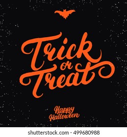 Trick or treat hand written lettering and hand drawn bat. Modern brush calligraphy. Inspirational quote for Halloween card, poster. Isolated on black background. Vector illustration.