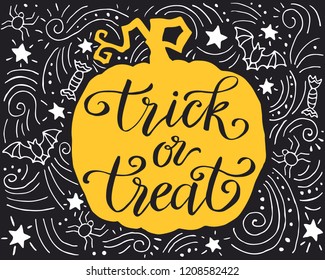 Trick or treat, handdrawn lettering and decorative background, halloween poster, greeting card, invitation, banner, element for design.