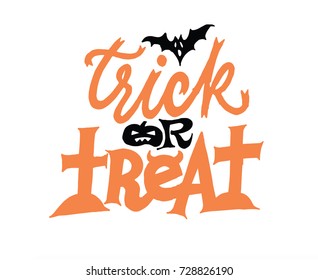 Trick or Treat Handwriting Lettering. Orange and black on white. Vector ink. Funny and scary spooky with bat and pumpkin. Made by hand. 