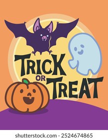 Trick or Treat happy bat, ghost and pumpkin