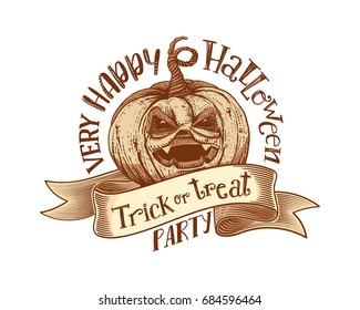 Trick or treat and Happy Halloweeen Party on engaved vintage tape with hand drawn pumpkin. Vector art. Unique design element for poster or banner. Halloween pumpkin and lettering. Sketch