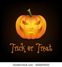 Trick or Treat. Happy Halloween Banner with Pumkin. Vector Glossy Cartoon Halloween Pumkin Lantern with Funny Face on Black Background. Front View. Design Template. Autumn Holidays, Halloween Concept