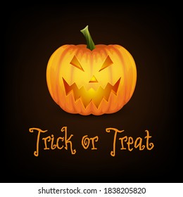 Trick or Treat. Happy Halloween Banner with Pumkin. Vector Cartoon Halloween Pumkin Lantern with Funny Face on Dark Background. Front View. Design Template. Autumn Holidays, Halloween Concept