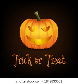 Trick or Treat. Happy Halloween Banner with Pumkin. Vector Cartoon Halloween Pumkin Lantern with Funny Face on Dark Background. Front View. Design Template. Autumn Holidays, Halloween Concept