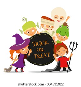 Trick or treat. Happy halloween banner with cute cartoon children in colorful costumes.Vector illustration