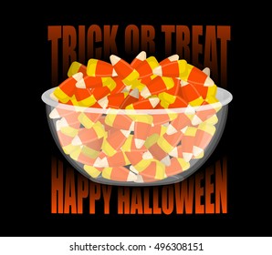 Trick or treat. Happy Halloween. bowl and candy corn. Sweets on plate. Traditional treat for holiday.
